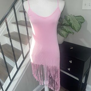 LIGHT PINK STRETCHY FRINGE COVER UP OR DRESS SIZE 8 FITS SMALL